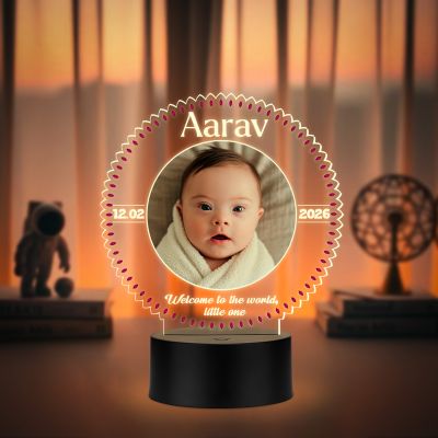 Personalized LED Night Lamp with Photo | Welcome to The World Little One Quote Engraved Warm White Light with Black Base Gift for New Born Baby & New Parents